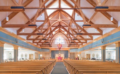 Interior of Immaculate Conception Church with Timber Trusses and Steel tie rods