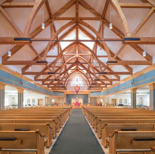 Interior of Immaculate Conception Church with Timber Trusses and Steel tie rods