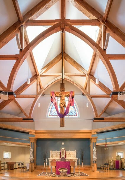 Interior of Immaculate Conception Church with Timber Trusses and Steel tie rods