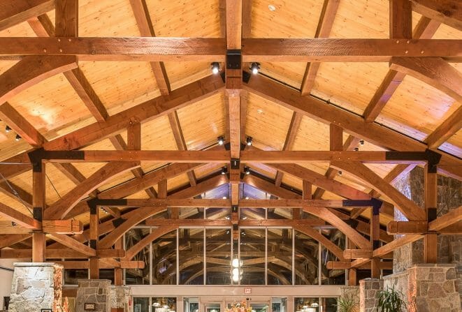 Vaulted Ceiling Trusses in the Lobby of the Doubletree Hotel.