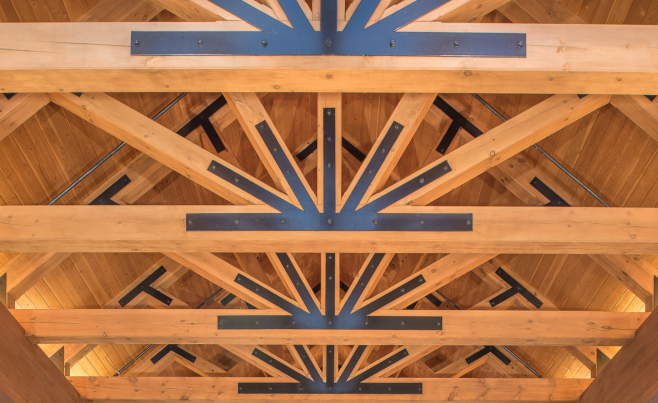 Heavy Timber construction King Post Timber Frame Truss with Steel at the Oxford Casino
