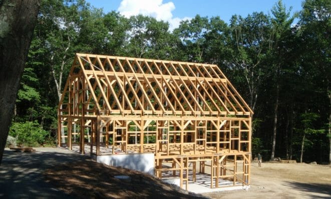 Rough Sawn Hemlock, Three story Timber Frame Equipment Storage Barn