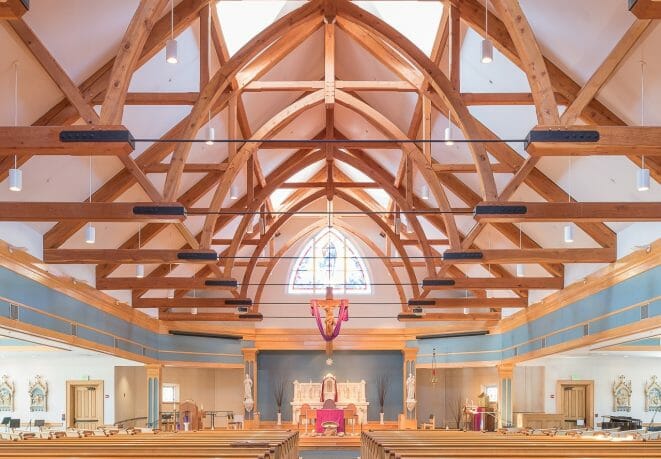 Timber Frame Church with Trusses with steel tie rods