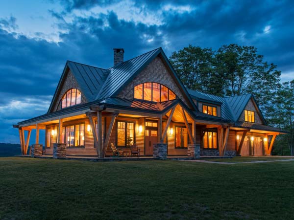 Night Pasture Farm Timber Frame House at Night