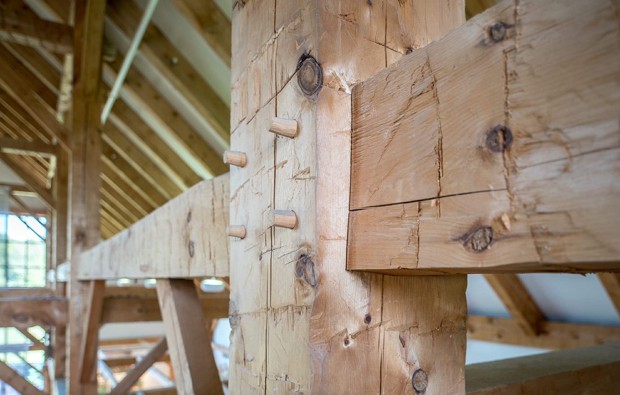 Hand Hewn Pine Beams in the Southern Vermont Welcome Center