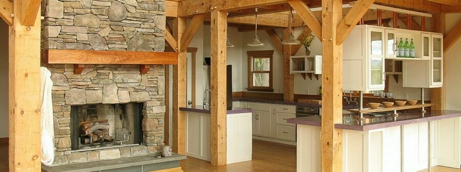 Hand Hewn Beams in Barn Style Home Kitchen. Jupiter Barn Kitchen