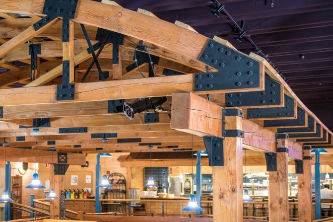 Middlebury college student dining hall steel joinery and steel connectors