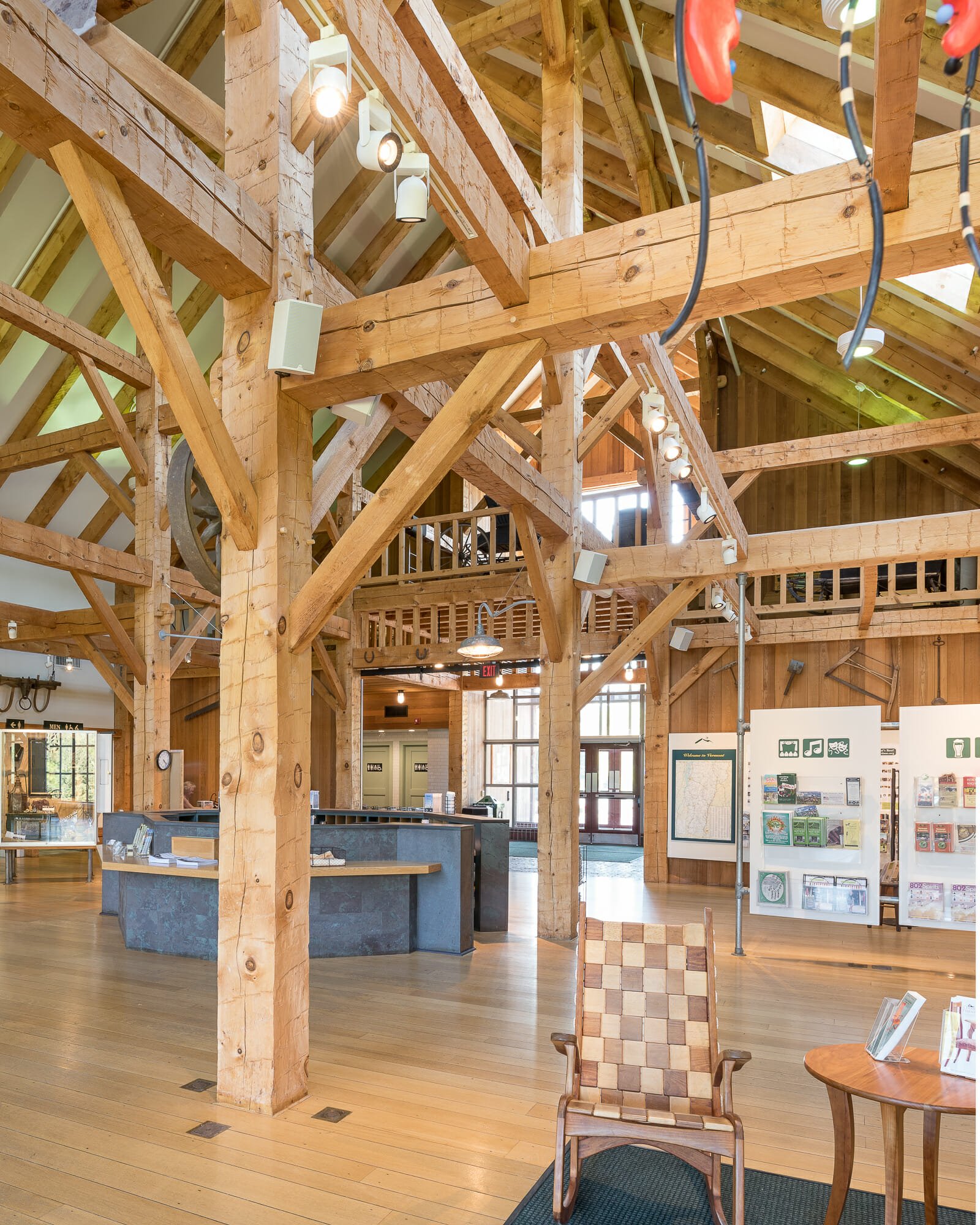 Hand hewn post and beam timber frame barn interior in the Southern Vermont Welcome Center