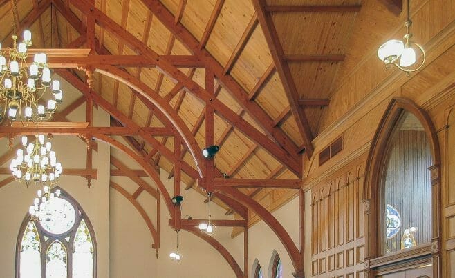 Modified Hammer Beam Trusses for a Cathedral Church Ceiling in the First Presbyterian Church.