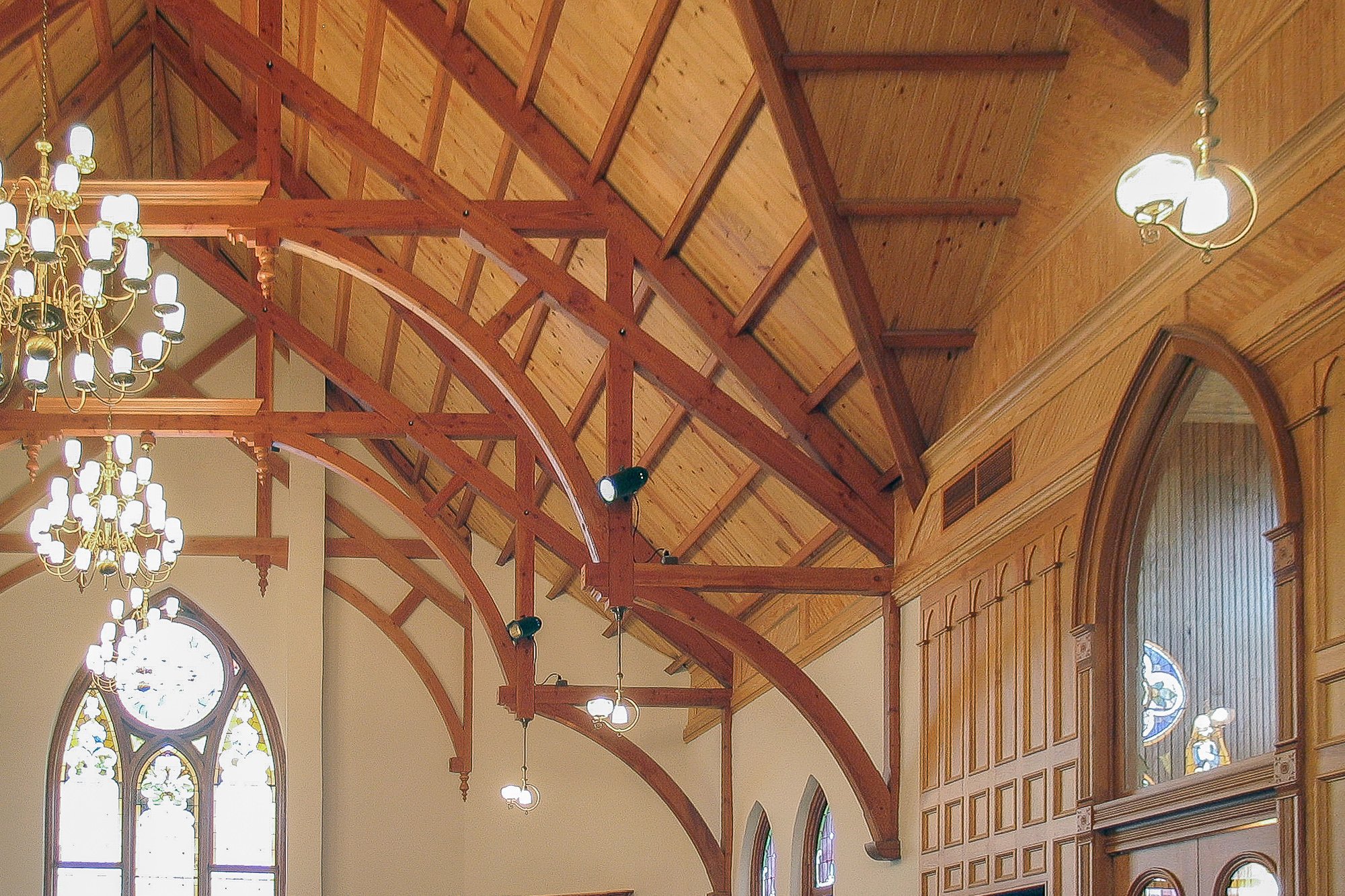 Modified Hammer Beam Trusses for a Cathedral Church Ceiling in the First Presbyterian Church.