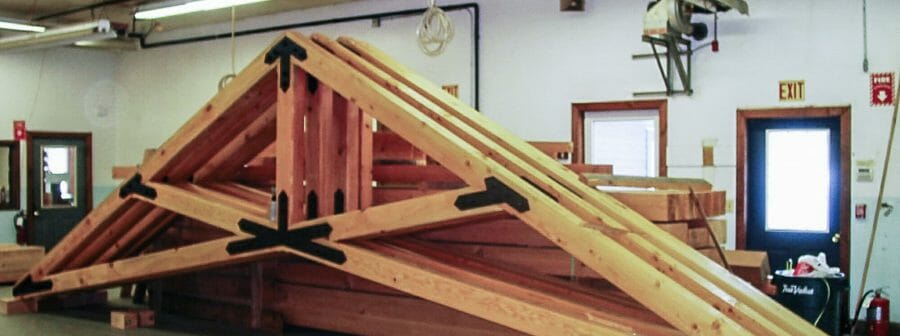 Fabricated Scissor Trusses with steel plates in the Workshop for Grace Episcopal Church