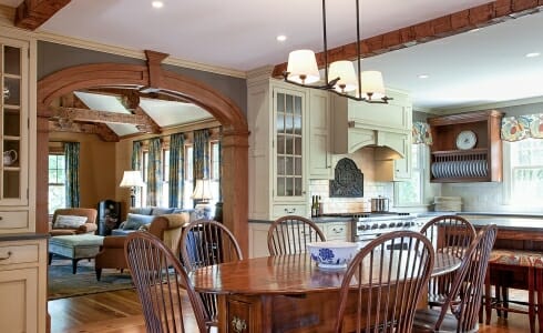 Timber Frame kitchen with exposed beams in Adams, MA. Devine Residence kitchen.