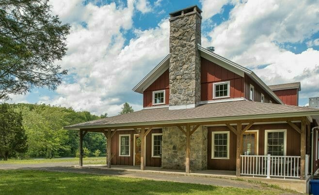 Post & Beam Dining Hall Exterior with Porch