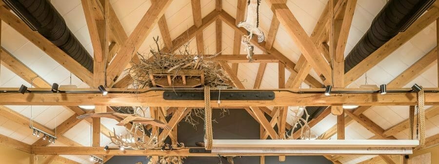 Timber Frame with steel plates in the educational coastal conservation center in New Hampshire