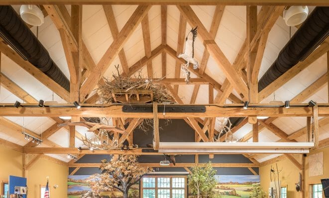 Timber Frame with steel plates in the educational coastal conservation center in New Hampshire