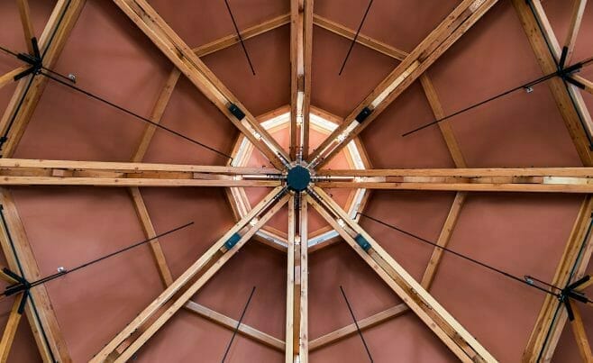 Octagon Timber Frame Ceiling Detail in the Spruce Peak Base Camp in Vermont