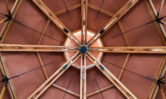 The Trusses in the Ceiling of an Octagon timber frame at the Spruce Peak Base Camp