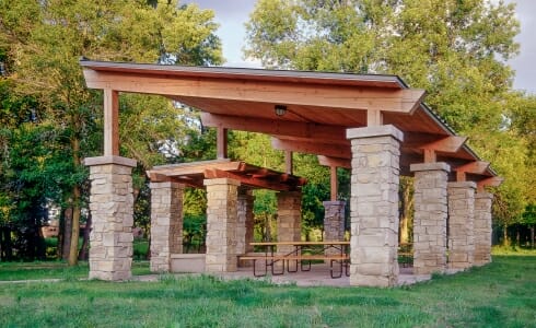Timber Frame Picnic Shelter with stone post bases at Citizen's Park in Barrington, Illinois