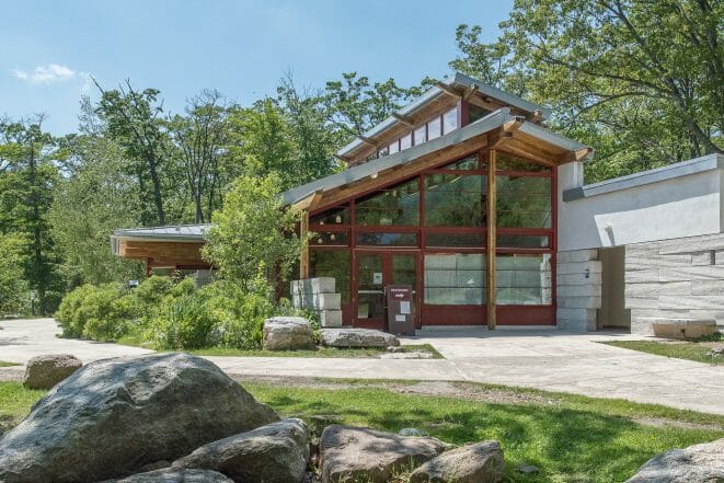 Entry to Sam's Point Visitor Center with Post and Beam Construction