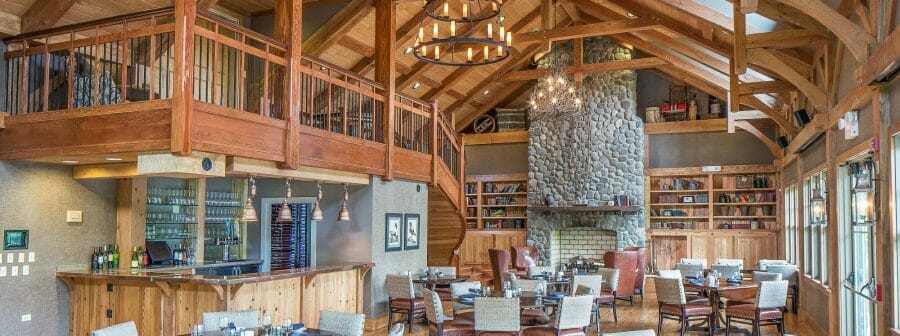 Decorative Timber Frame Trusses in the restaurant in a golf club in south river