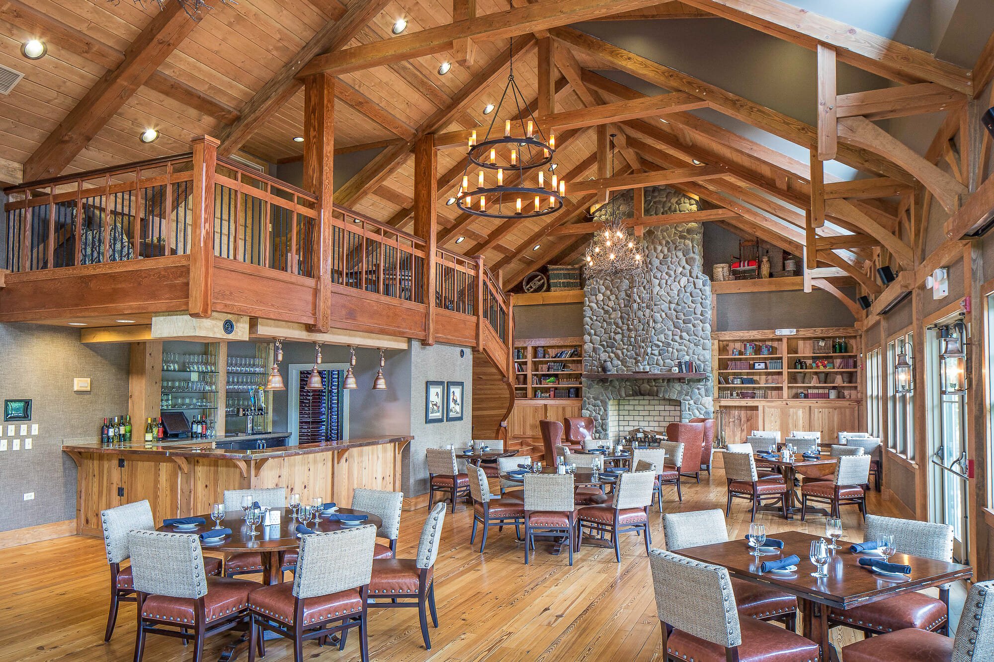 Decorative Timber Frame Trusses in the restaurant in a golf club in south river