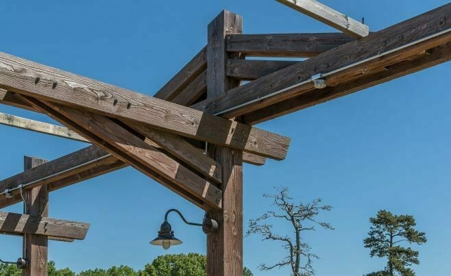 Details of the timber joinery at the camp adventura loading platform in Six Flags NJ