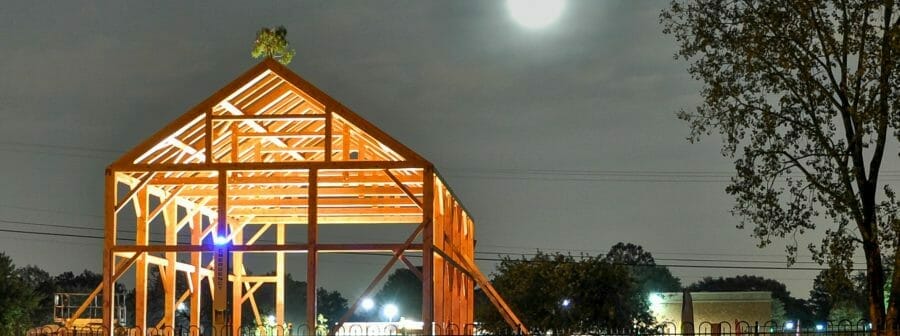The completed Douglas Fir post and beam frame in the Moonlight
