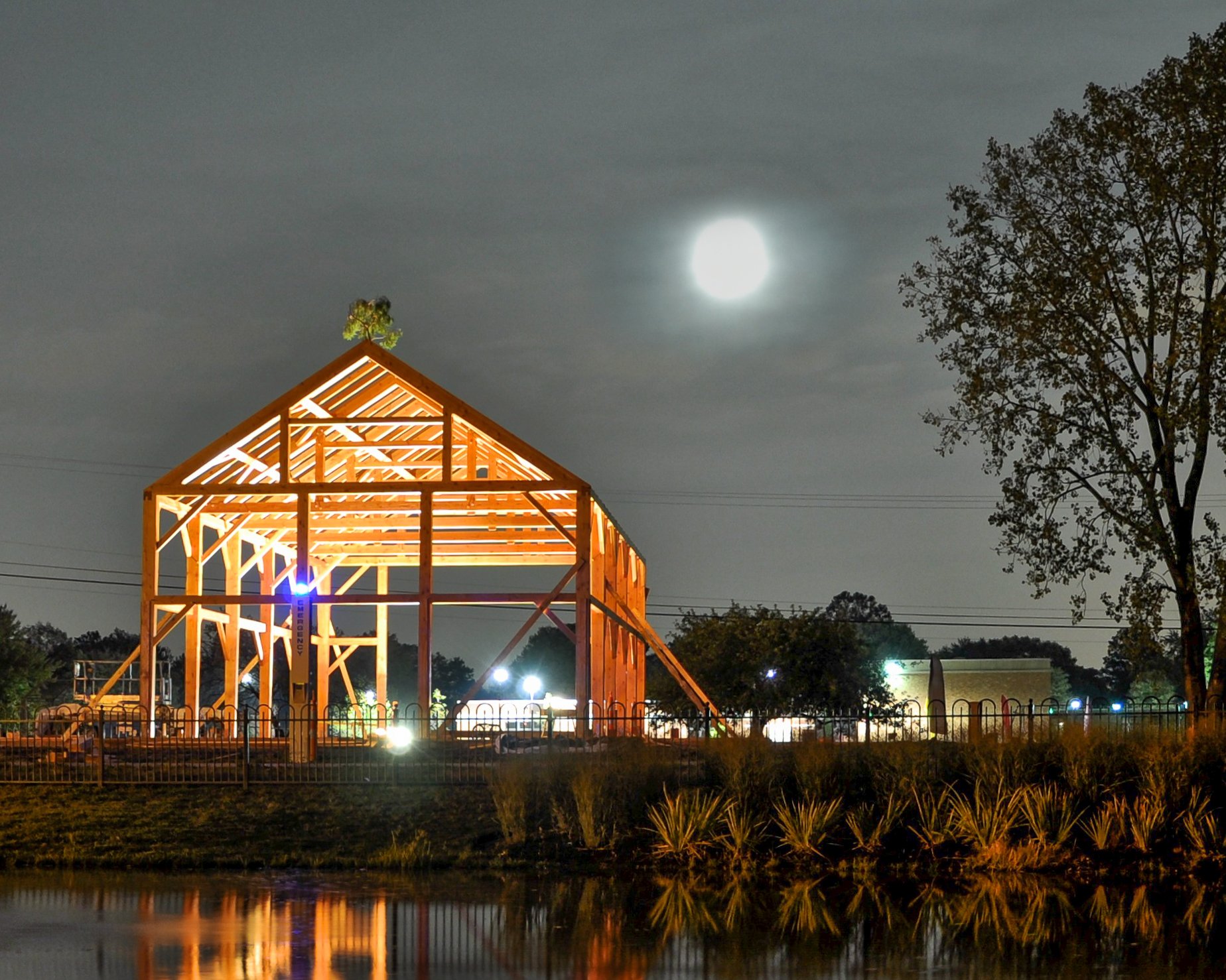 The completed Douglas Fir post and beam frame in the Moonlight