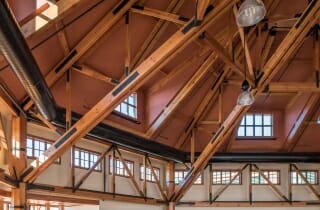 Timber Trusses with Steel Ties at the Spruce Peak Base Lodge in Stowe VT