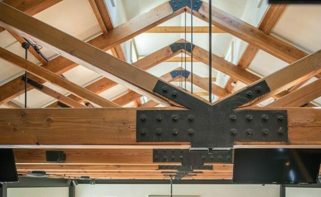 King Post Trusses with Steel Plates in the LaGrua Art Center in Stonington Commons