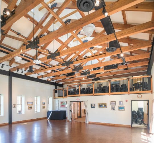 King Post Trusses with Steel Plates in the LaGrua Art Center in Stonington Commons