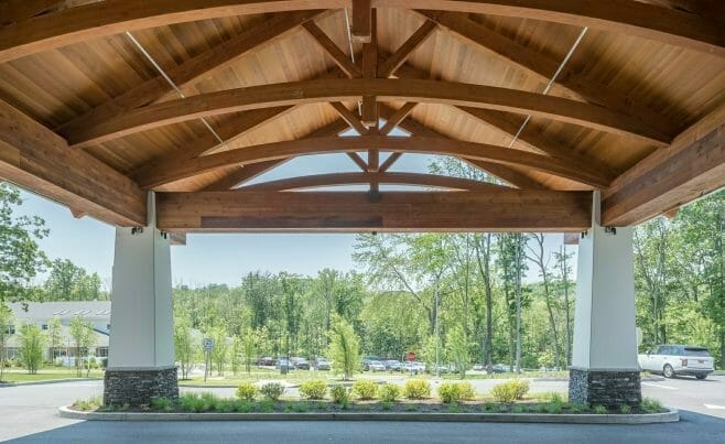 Heavy Timber Porte Cochere Entry Way at Hotel Zero Degrees in CT