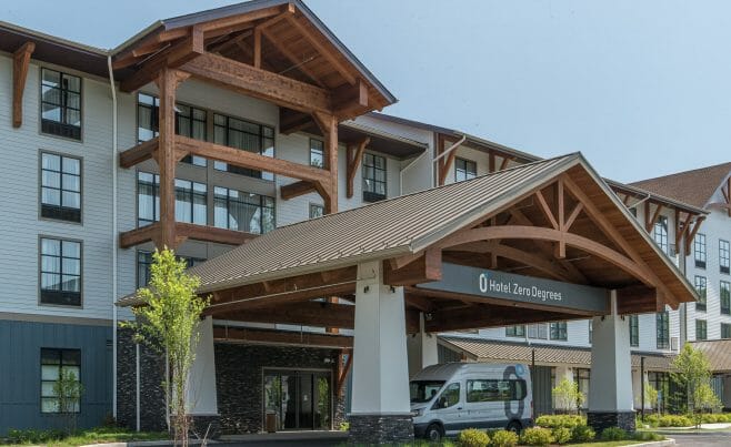 Heavy Timber Porte Cochere Entry Way at Hotel Zero Degrees in CT