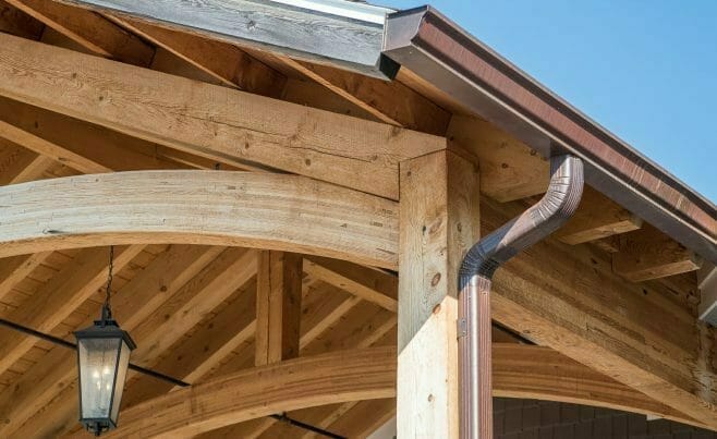 Heavy Timber Porte Cochere Entry Way at Lenny's Shoe Store with rough sawn hemlock and glulam arches