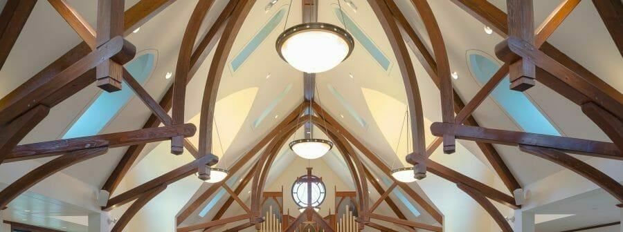 Arched Timber Trusses in Saint Andrew's Church in Ridgefield, CT.