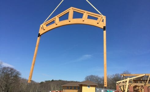 The Mahamudra Buddhist Retreat in Cragsmoor, NY has a heavy timber entry way and interior trusses fabricated from Glulam and Douglas Fir