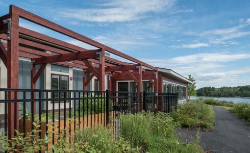 The Porch at Harmony Homes features Douglas fir Glulam posts and beams