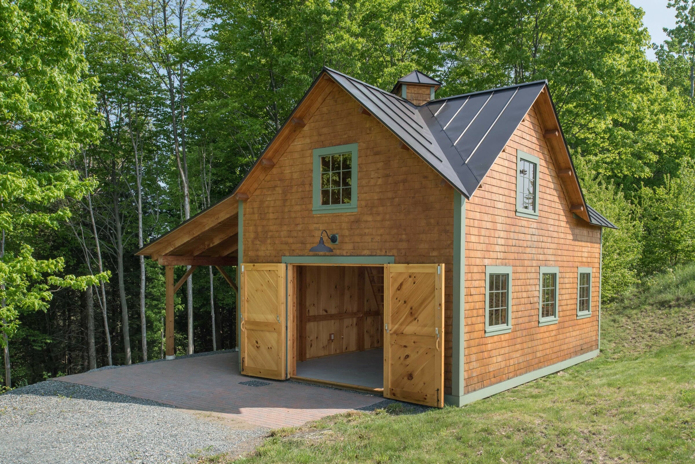 Exterior of the small timber framed Ox Hill Barn made with Douglas Fir and Glulam