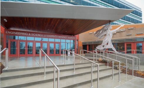 Exterior of the Magnet School with wood and timber elements