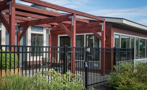 The Porch at Harmony Homes features Douglas fir Glulam posts and beams