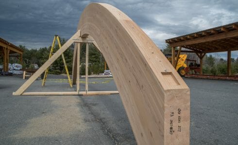 The Mahamudra Buddhist Retreat in Cragsmoor, NY has a heavy timber entry way and interior trusses fabricated from Glulam and Douglas Fir