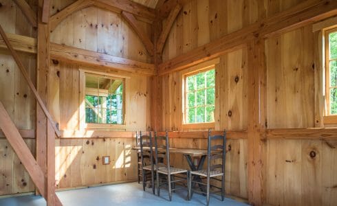 Posts and beams with traditional joinery and connections in the Ox Hill Barn in Vermont Fabricated from Glulam and Douglas Fir.