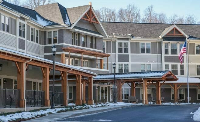 Western Red Cedar, Planed and Chamfered Heavy Timber Trusses on the Exterior of the Residence at Walnut Street in Shrewsbury Massachusetts