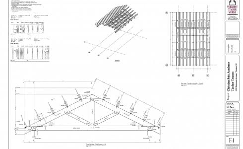 Plans for the design of the Timber Trusses in the Christina Seix Academy lounge area