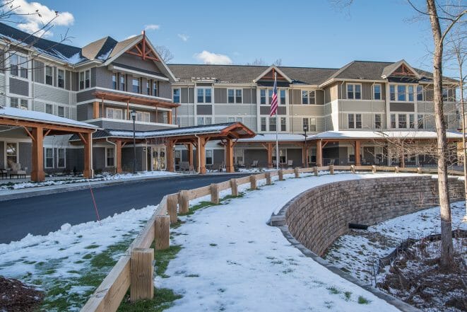 Western Red Cedar, Planed and Chamfered Heavy Timber Trusses on the Exterior of the Residence at Walnut Street in Shrewsbury Massachusetts