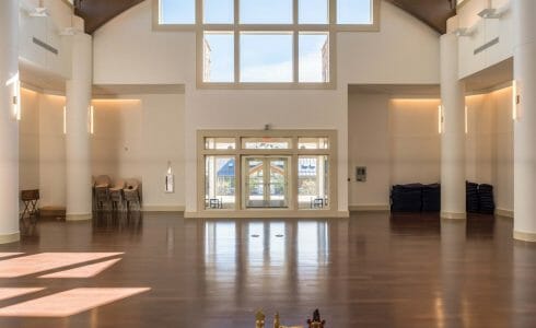 Arches overhead in the main sanctuary at Mahamudra Buddhist Retreat