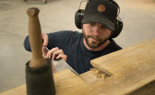 Oak beam pocket cut with hand chisel