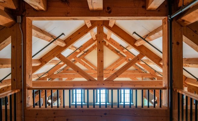 Brigham Hill Barn Interior with Rough Sawn Timber Trusses from Hemlock and White Pine