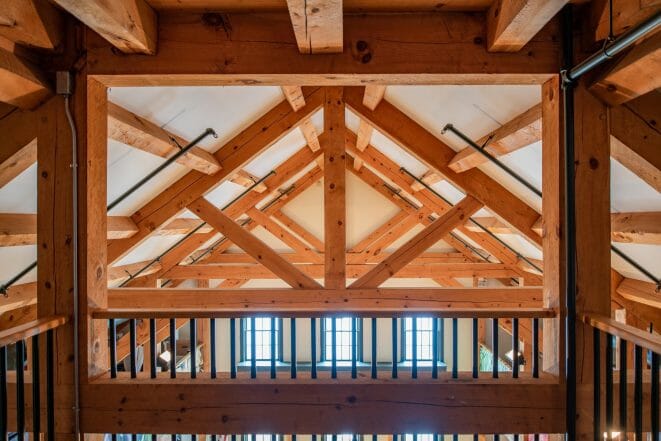 Brigham Hill Barn Interior with Rough Sawn Timber Trusses from Hemlock and White Pine