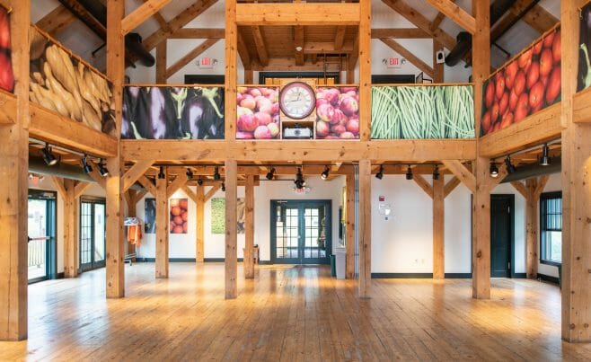 Brigham Hill Barn Interior with Rough Sawn Timber Trusses from Hemlock and White Pine